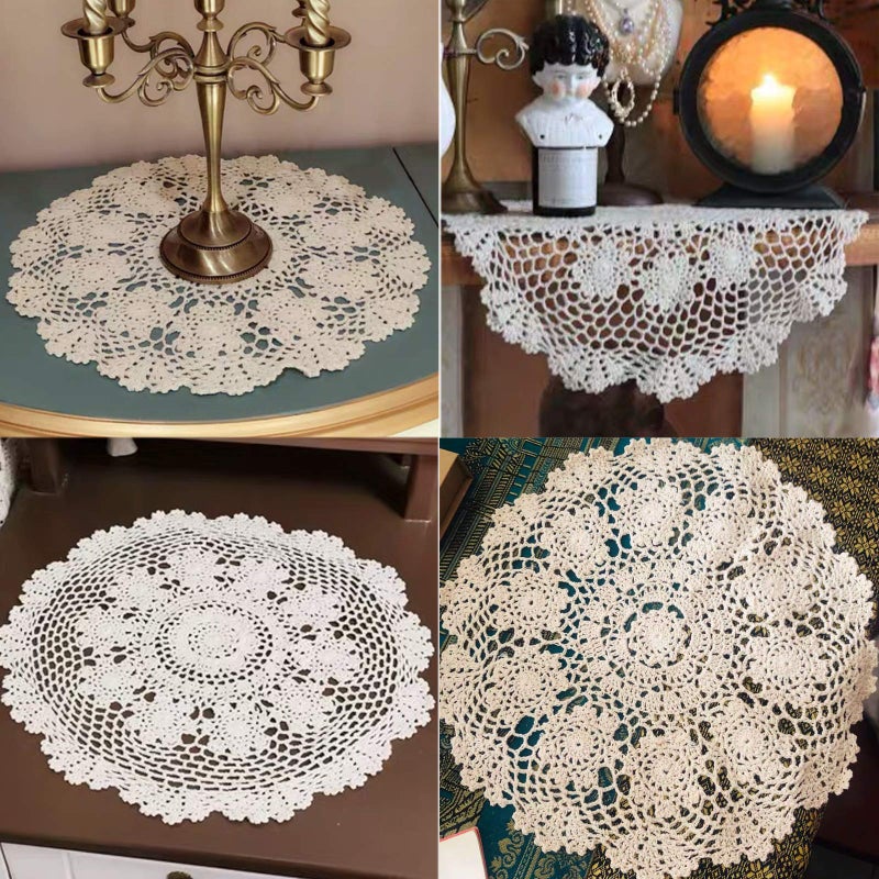 Phantomon Lace Doilies Crochet Cloth Table Placemat Handmade Round Coasters Rosary Doily, 100% Cotton Pack of 4, 15 inch (40cm x 40cm) (Beige) - Image 3